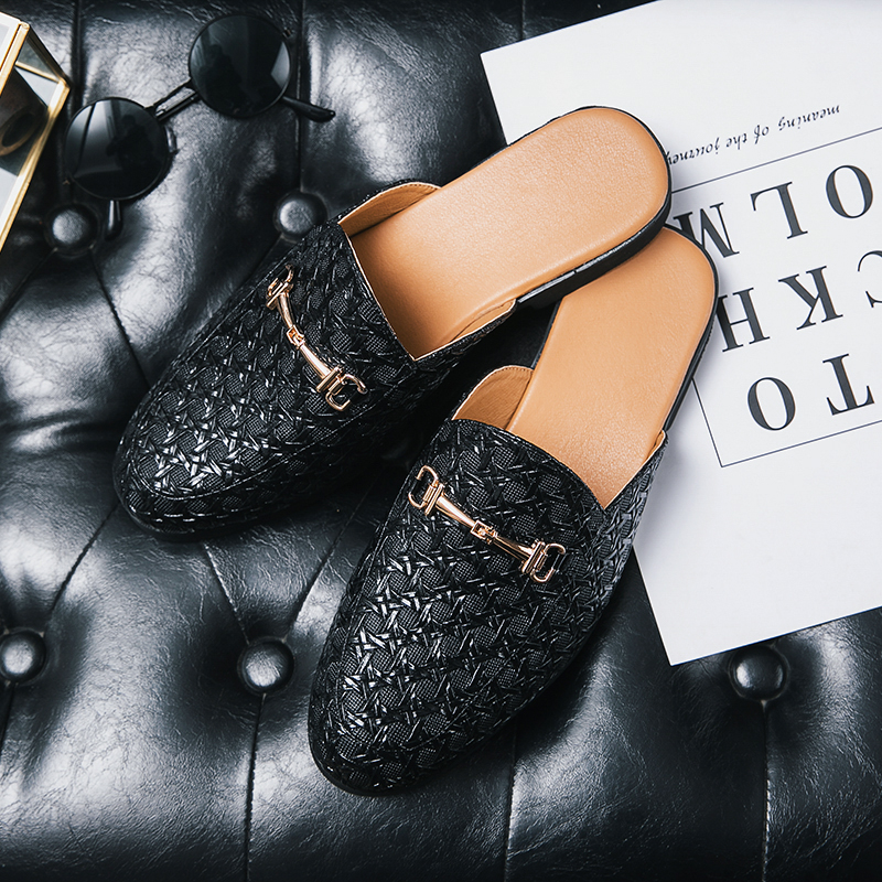 New Brand Designer Mens Half Drag Shoes For Men Casual Leather Loafers Fashion Half Shoes Mules Man White Slides Slippers Male