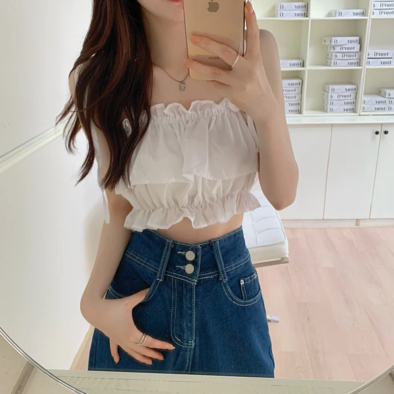 Women Summer Crop Camisoles Low-Cut 2025 Sling new Plain Ruffle Ruched Short Tops, Ladies Shoulder Straps Tie Slim Navel Vest