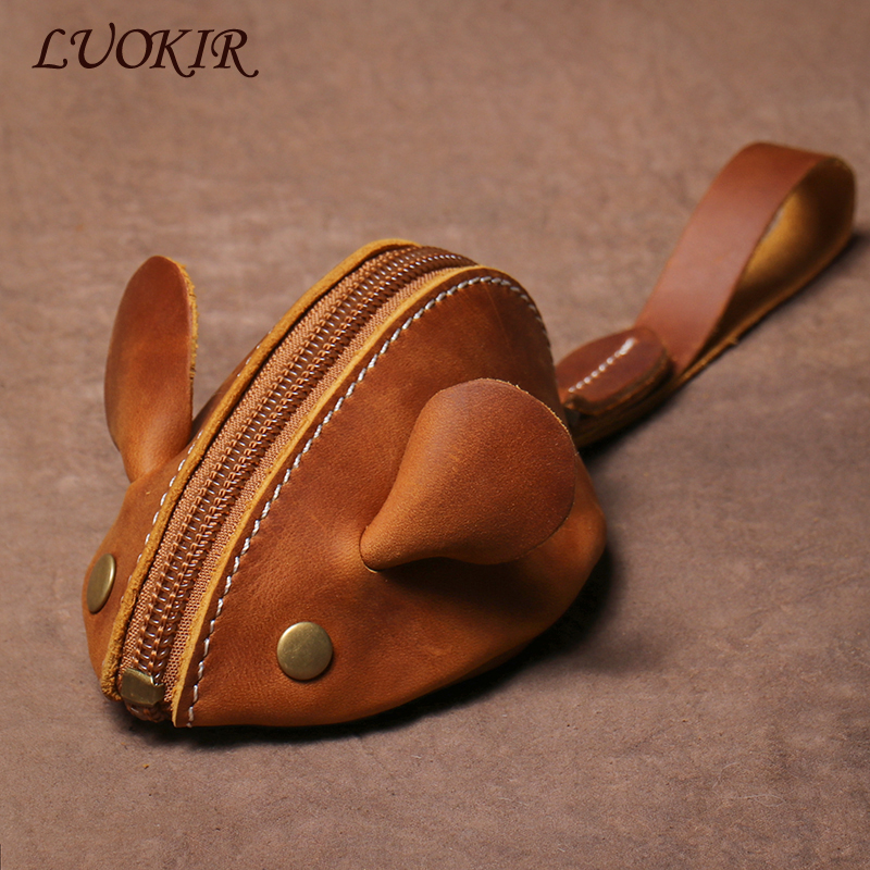 LUOKIR Vintage Genuine Leather Small Coin Purse Men's Creative Mouse Key Box Women Portable Zipper Wallet Children's Storage Bag