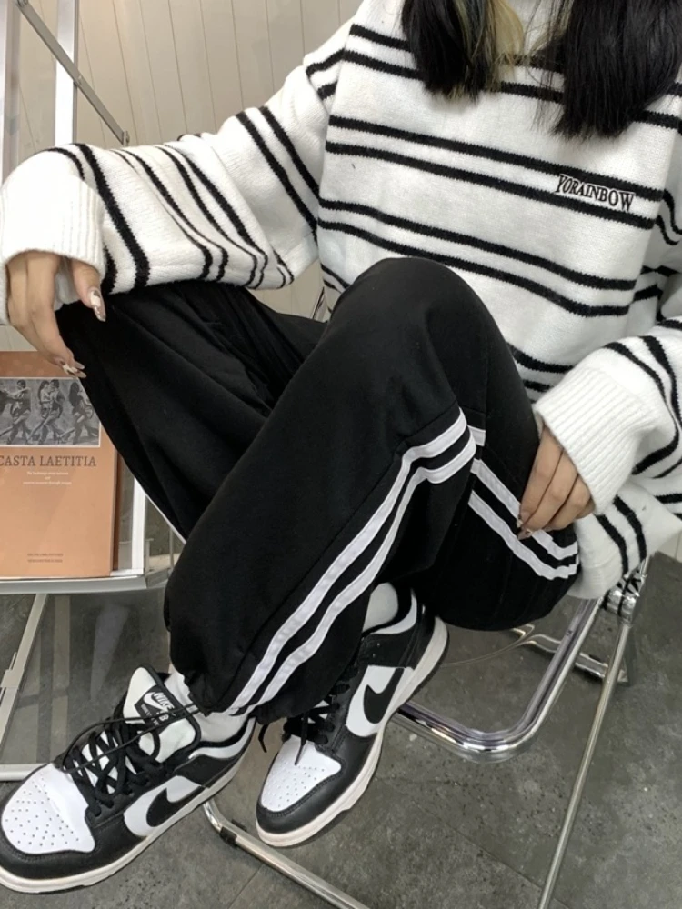 HOUZHOU Casual Sweatpants Women Korean Style Classic Sports Pants Oversize Summer Joggers Baggy Gray Black Striped Wide Trousers