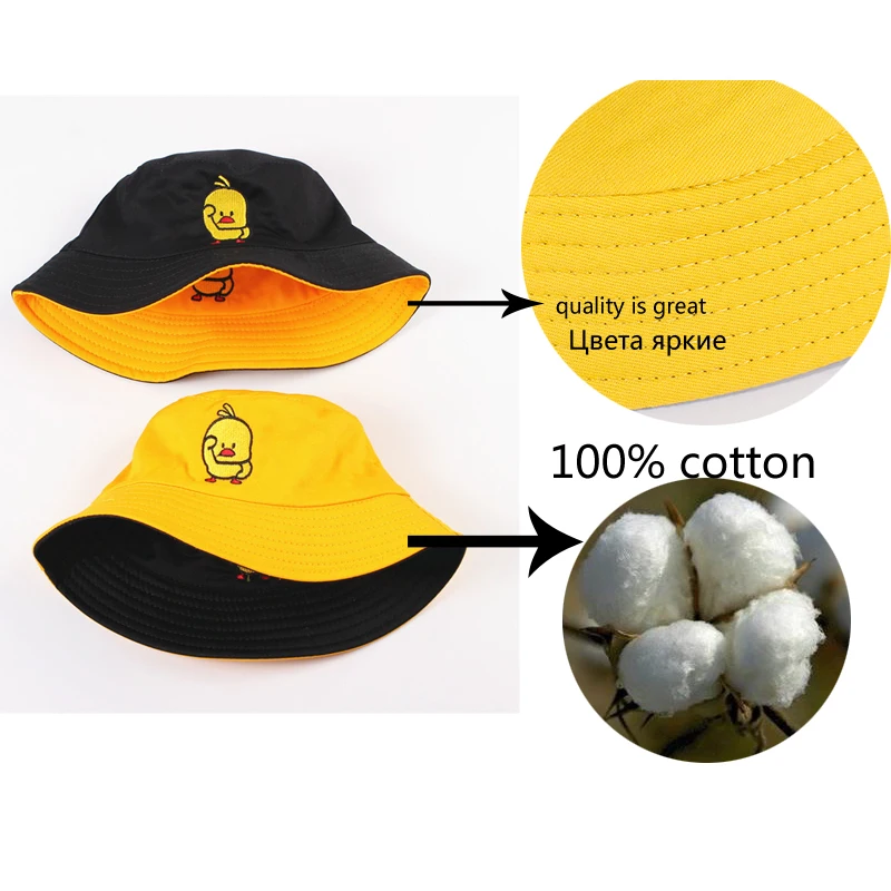 Reversible Black Yellow Duck Bucket Hat for Men Women Summer Sun Hat Fishing Hat Bob Sad Boys Panama Fold Outdoor Fisherman Hat
