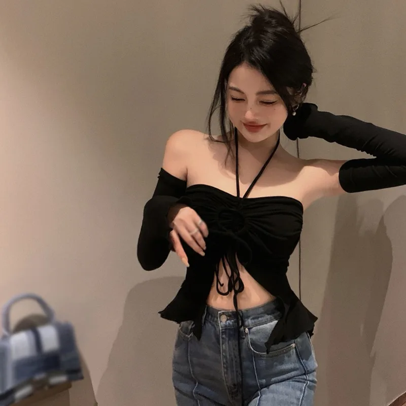 Off new Shoulder Crop 2025 Top For Women Halterneck Slim Fit Sexy Base Shirt Spring Summer