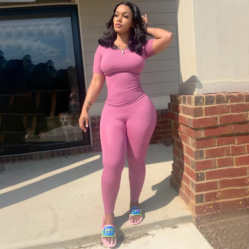 Knitted thread Two Piece Set Women Summer Tracksuit new Sporty High Stretch Tight Short 2025 Sleeved Tops Pants Leggings Casual Outfit