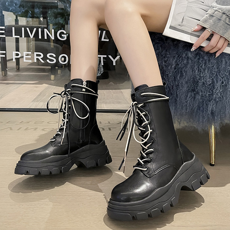 Pink Chunky Platform Ankle Women 2022 Autumn Thick Bottom Pu Leather Boots Shoes Woman Mix Color Lace Up Motorcycle Botas