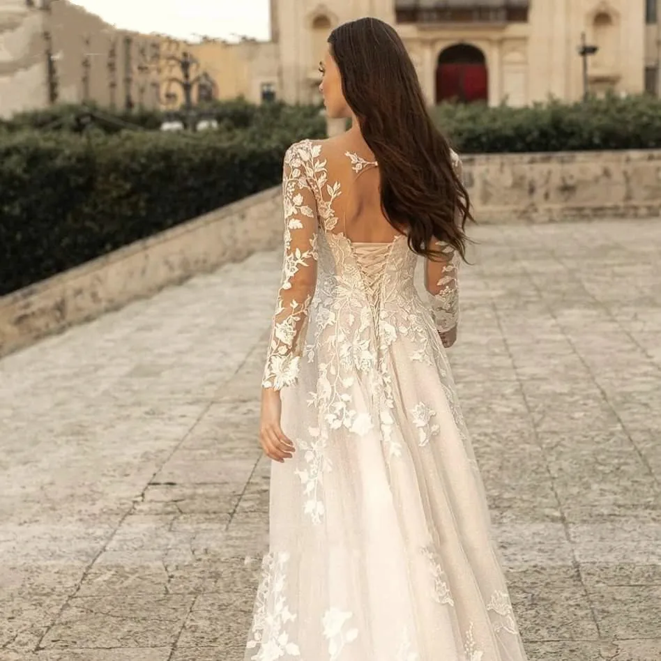 Elegant Sweetheart Wedding Dresses 2024 Lace A-Line Long Sleeve Bridal Gown Applique new Tulle 2025 Vestidos De Novia Lace-Up Sweep Train