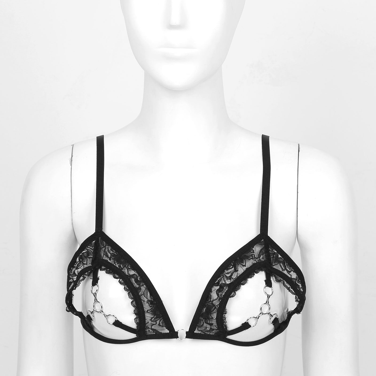 Womens Lingerie Erotic Bras Open Cup See Through Sheer Lace Bra Top Brassiere with Metal Rings Linked at Bust Bralette Underwear