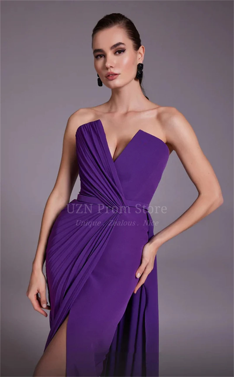 UZN Classic Dark Purple Mermaid Prom Dresses 2023 Scalloped Neck Satin Pleats Evening Gowns Slit Saudi Arabia Party Dress