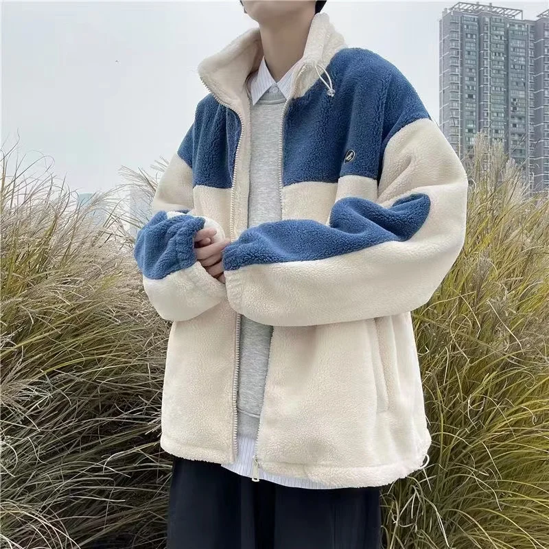 Winter Fleece Fluffy Jacket Warm Fuzzy Zipper Patchwork Coat Men Autumn Lightweight Jackets Streetwear Hip Hop Harajuku 2023
