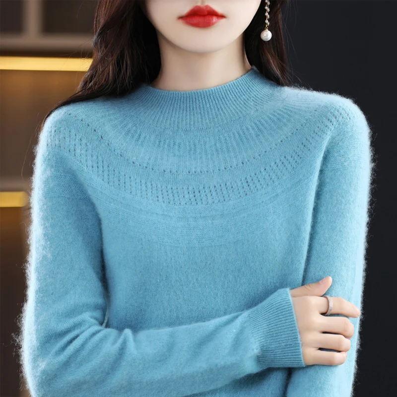 Autumn and winter wool single-line ready-to-wear hollow women's pullover O-neck cashmere new 2025 sweater knitted solid color