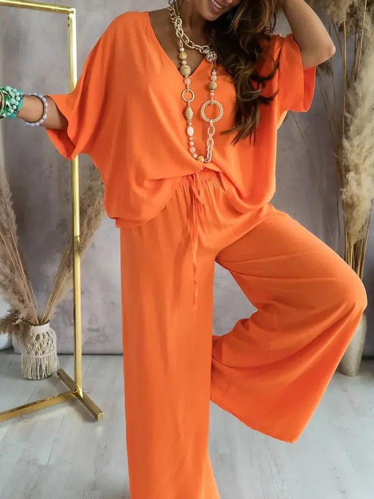 new Women Three Quarter Sleeve Tops Loose Long Pants Suit 2025 2023 Casual Streetwear Elastic Waist Set Female Solid Chic Trousers Outfit