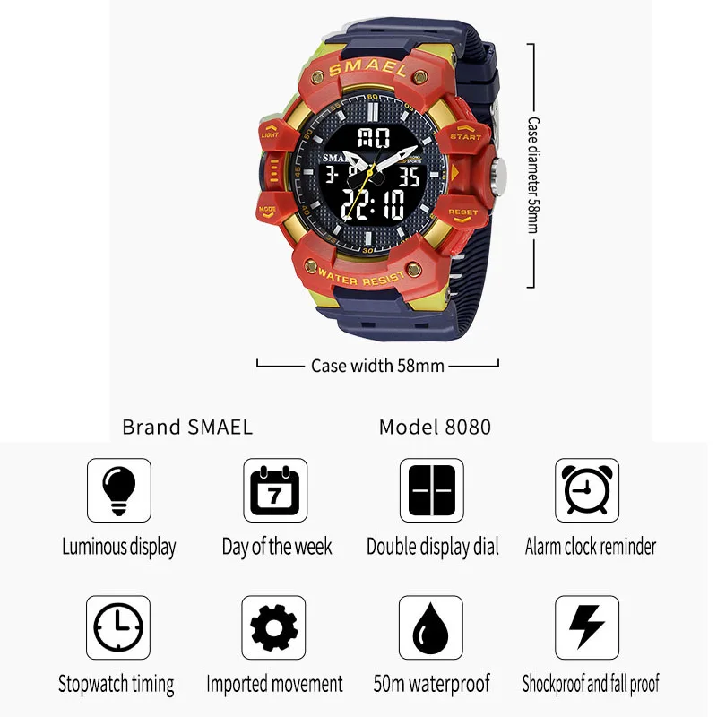 Quartz Watches 2025 Male Clock new SMAEL Brand Wristwatches 50M Waterproof Stopwatch Week Display Alarm Clocks 8080 Men Watch Sports Time