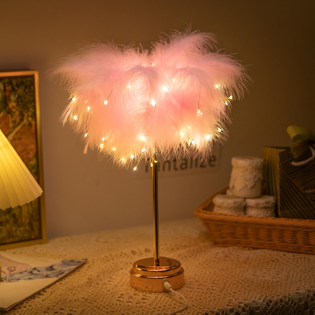 Pink Feather Lamp LED Atmosphere Feather Table Lamp Night Lights Bedside Lamps Desk Light for Wedding Home Bedroom Decoration