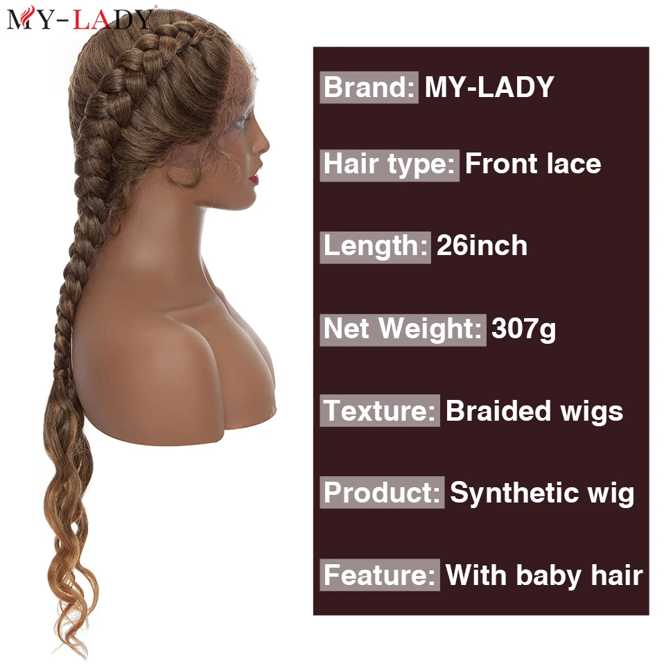 My-Lady 26Inch Synthetic Wigs Dutch Braids Lace Front Wig With African Braid Lace Frontal Cornrow Braid Afro Wig Braiding Wigs