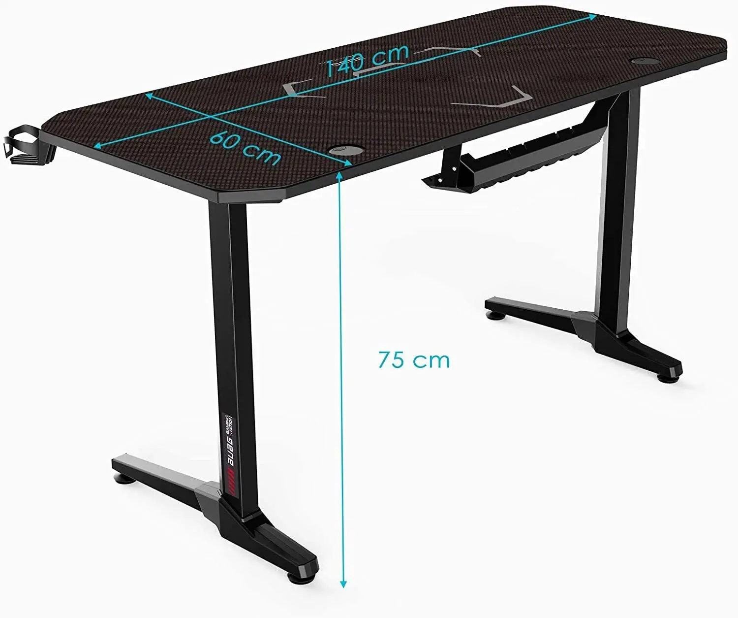 AuAg Gaming Table 140 cm, Large Gaming Desk for PC Ergonomic Gamer Table, Black Computer Desk with Cup Holder and Headphone Jack