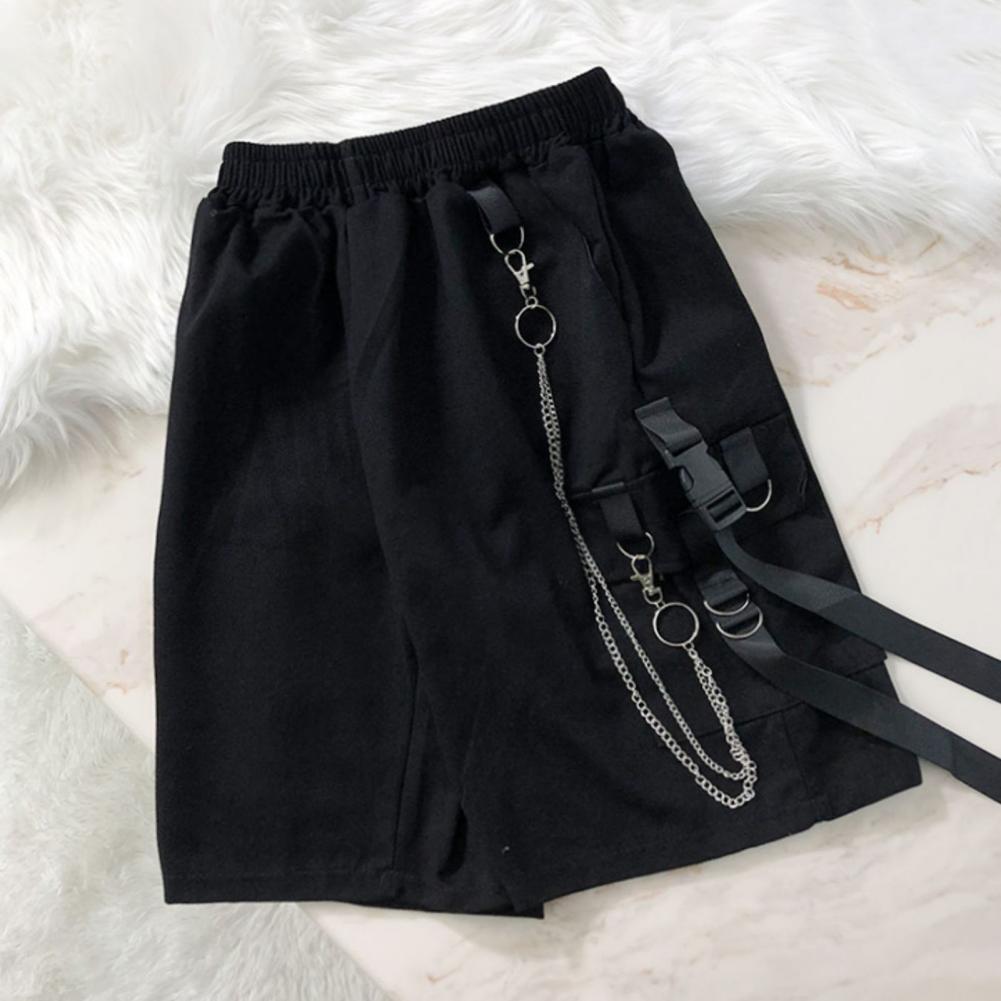 Men Shorts Multi Pockets Chain Strap Decor Casual Shorts Mid-Rise Elastic Waistband Male new Shorts Knee Length Men 2025 Cargo Short