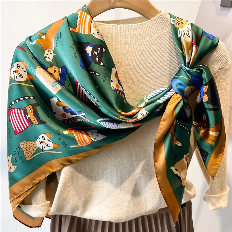 110*110cm Luxury Brand Silk Square Cat Scarf Women Satin Neck Hair Tie Soft Work Neckerchife Hijab Head Female Foulard Bandana