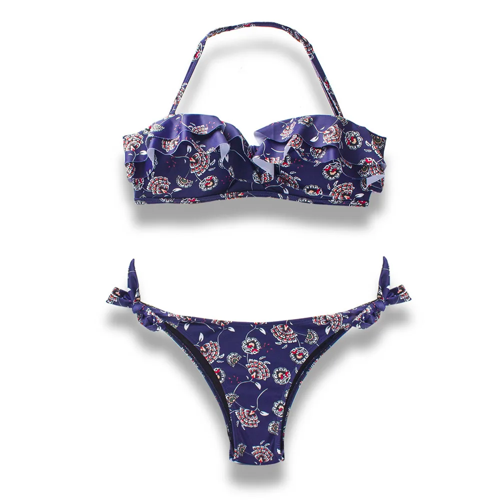 Falbala Brazilian Push Up Bikinis 2025 Women Floral Halter Print Swimsuit For new Girls Lady Thong Bikini Set Bandage Biquinis Swimwear