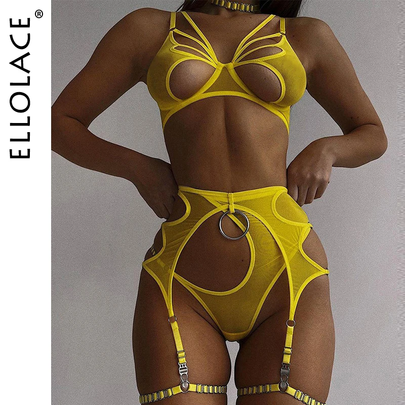 Ellolace 2025 Sexy Cut Out Bra Lingerie new Sensual Fancy Underwear Garters Briefs Sets G-String Thongs Lace Yellow Erotic Intimate