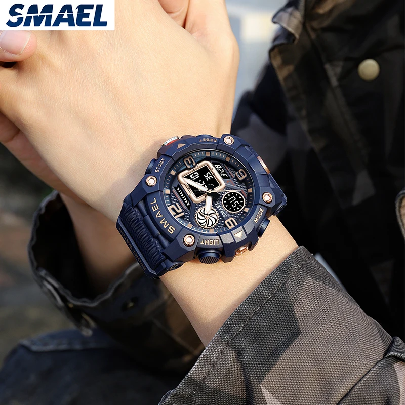 SMAEL Quartz Watch Sport 50M Waterproof Stopwatch Week Display LED Digital new Alarm Clock 2025 Male 8055 Men Watches Sports Wristwatches