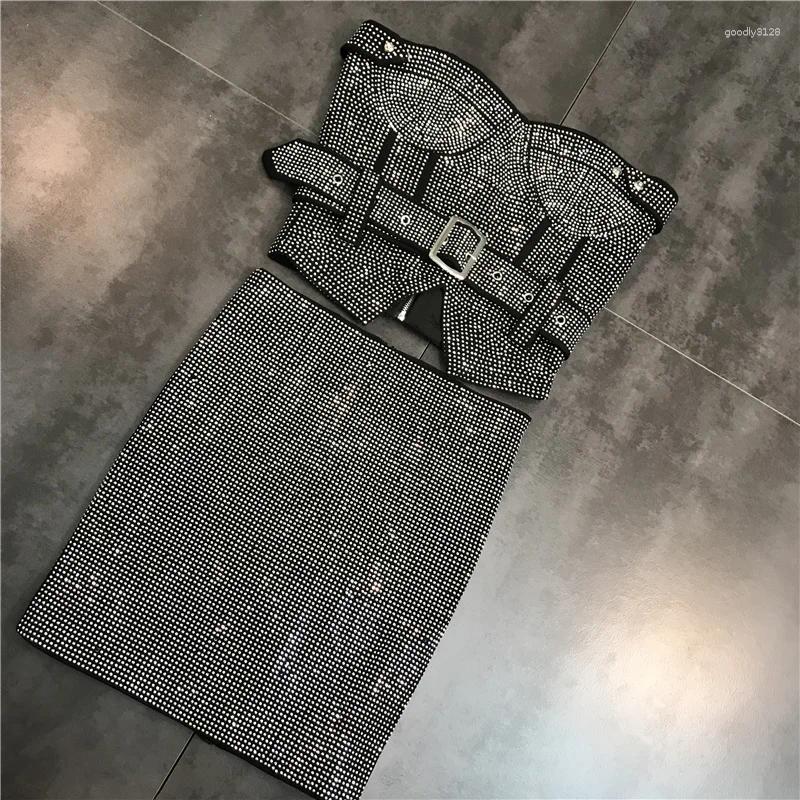 Work Dresses PREPOMP Sleeveless Strapless Rhinestone Diamonds Black Slim Tank Top Vest Short Bodycon Skirt Belt Two Piece Set Outfits GH708