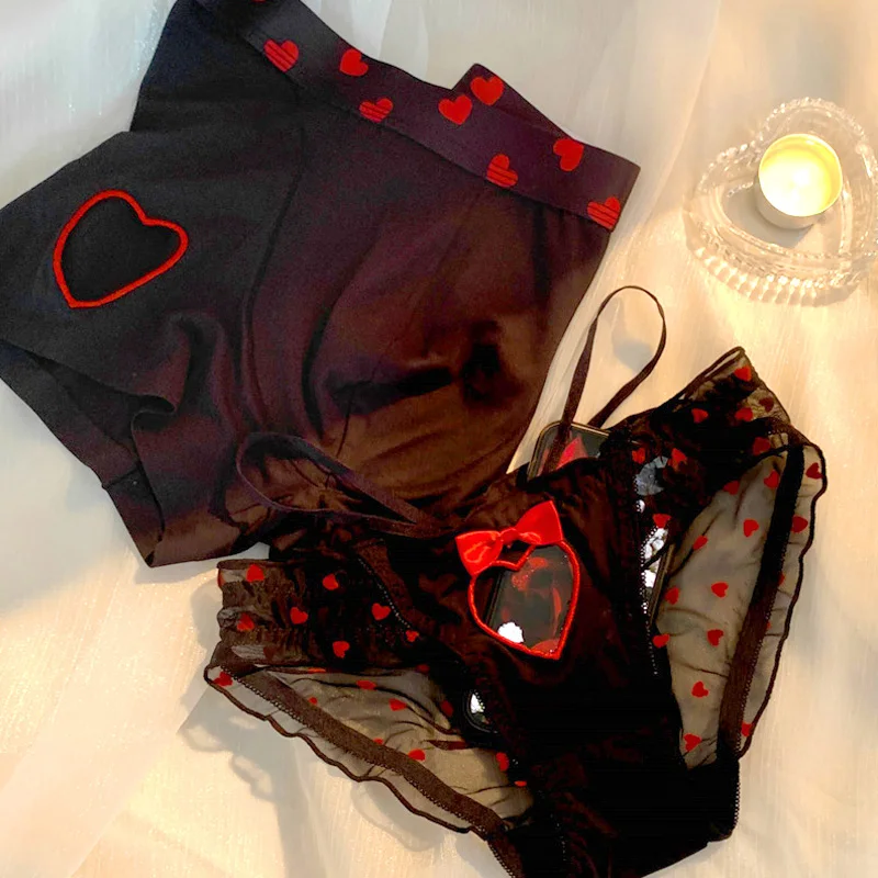 Couples Underwear Women Men's Boxers Panties Lace Net Yarn Boy Girls Underpants Love Hollow Out Sexy Briefs Lovers Lingerie
