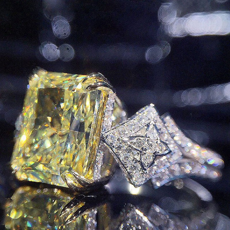 Novel Design Yellow Cubic Zirconia Square Stone Women's Ring Wedding Ceremongy Party Finger Accessories Statement Jewelry