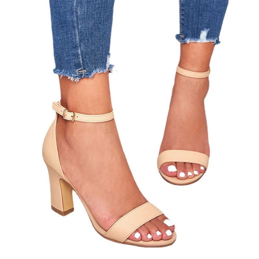 European and American sandals, women heels, one line with thick heels, sandals, back bag, buckle, women's shoes, new for foreign trade in summer 