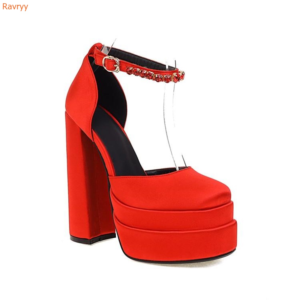 Double Layer Platform Square Head Shoes Crystal Ankle Buckle Super High Heels Square Heel Satin Shoes