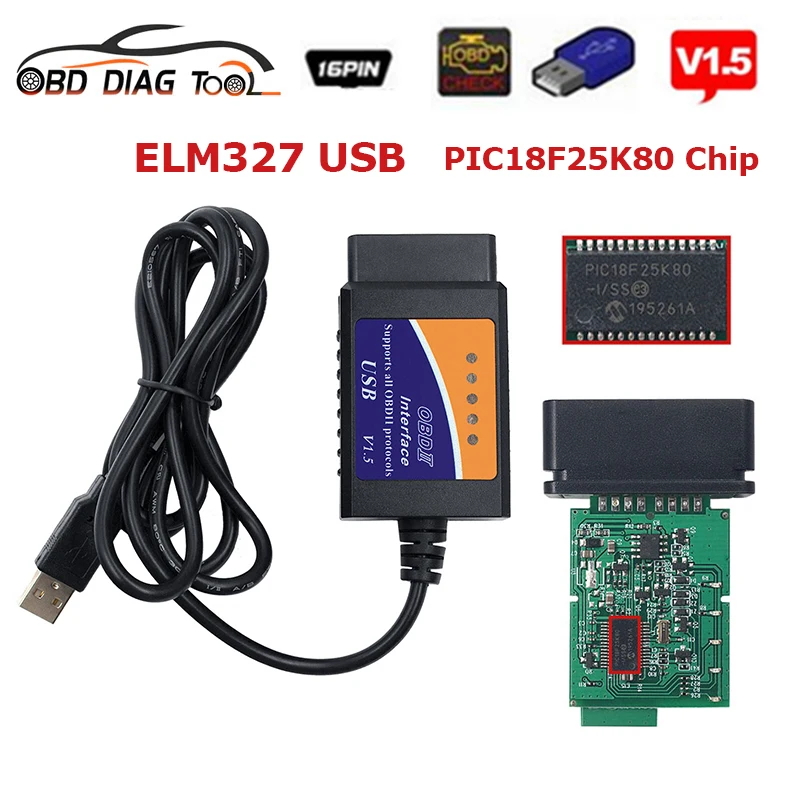 ELM327 USB V1.5 OBD2 Scanner with CD Manual OBDII Automotive Fault Detector