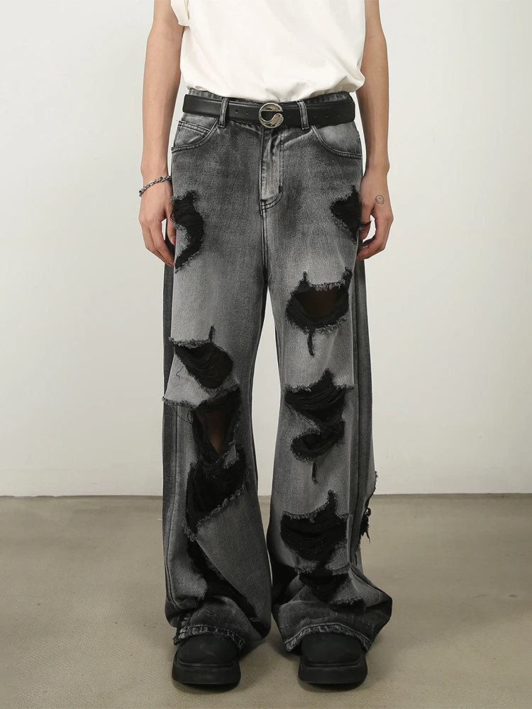HOUZHOU Ripped Jeans for Men Wide Leg Pants Oversize Hip Hop Darkwear Denim Trousers Male Casual Japanese Streetwear Patchwork