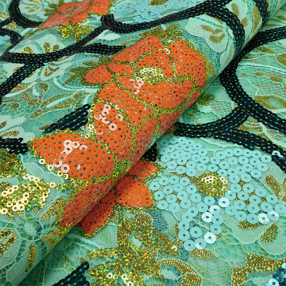 2023 High Quality African Lace Fabric French Net Sequins Fabric for Sewing Embroidered Lace Tulle Nigerian Lace Fabric 5 Yards