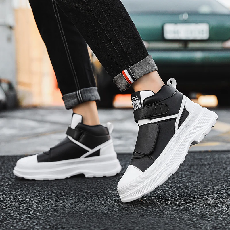 Autumn Men Casual Sneakers Leather new Chunky Platform High-top Shoes Ankle 2025 Boots Magic Tape Sneakers Male Breathable Sport Shoes 44