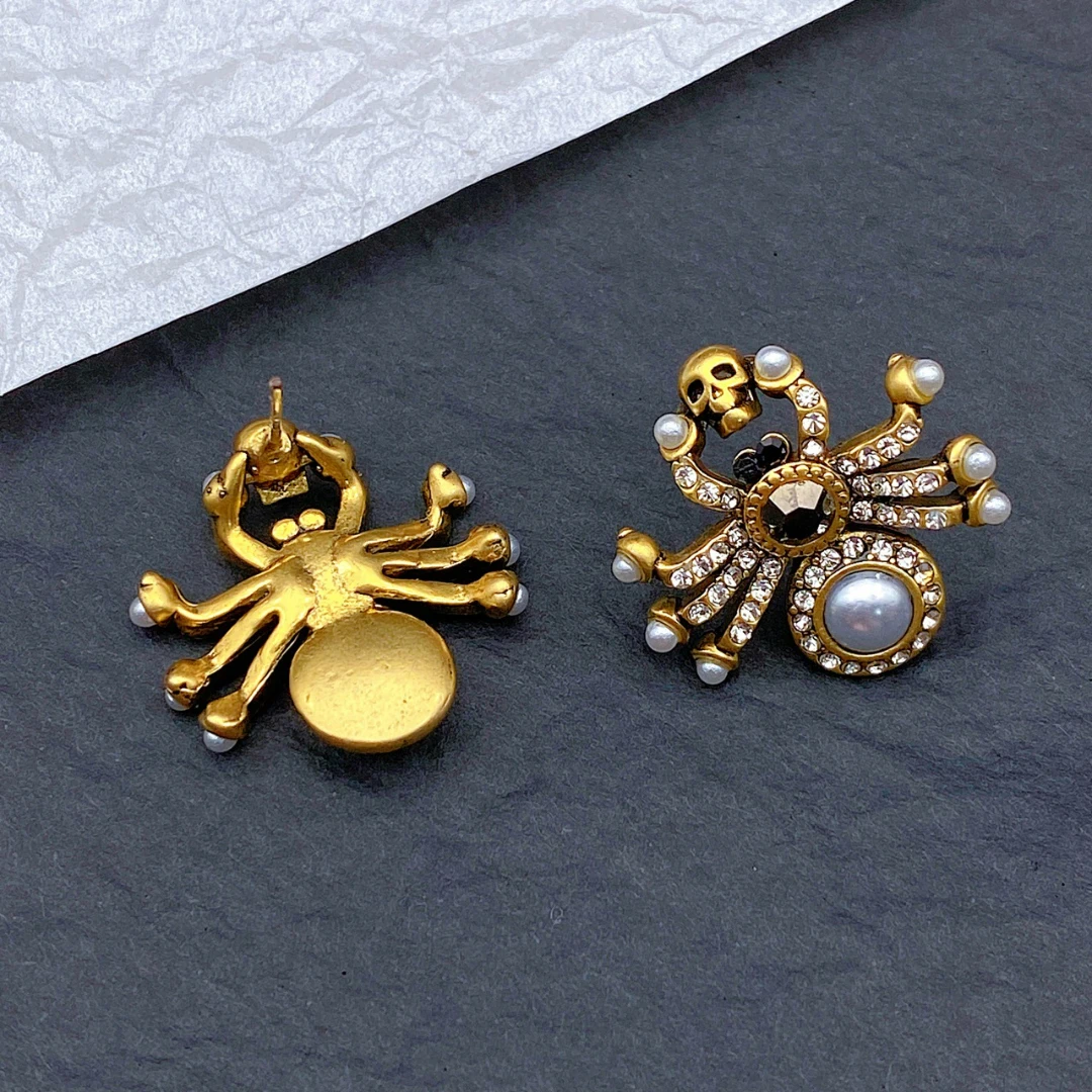 Punk Spiders Skull Earrings Men's Gothic Adjustable Opening Spider Ring Exaggerated Personality Copper Spiders Jewelry Set