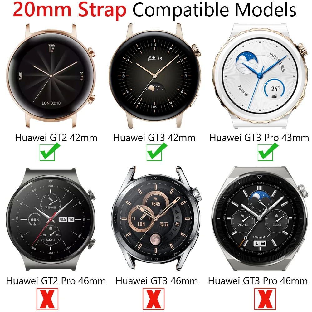 20mm Leather Watch Band For Huawei Watch GT 3/2 GT2 42mm GT3 Pro 43mm Strap Women Honor Magic 2 ES Smartwatch Wristband Bracelet