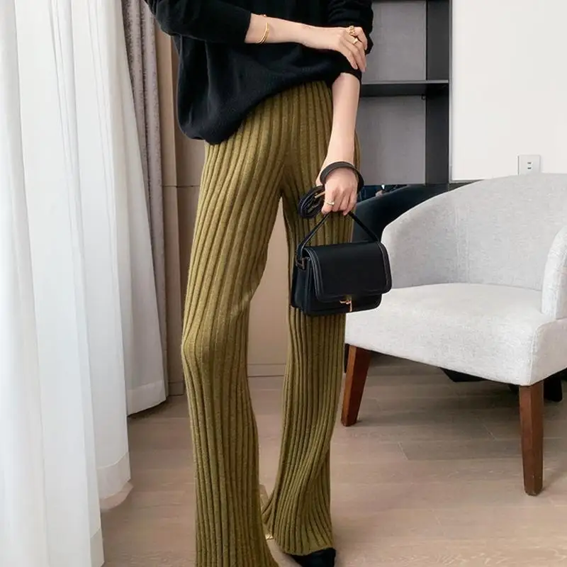 Casual Thick Knitted Women Pants Elastic High Waist Loose Female Wide Leg Pant Long Trousers 2023 Autumn Winter Striped Pantalon