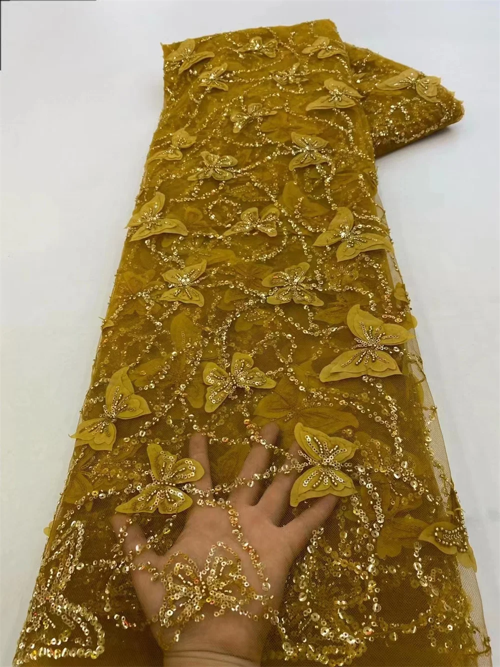 2023 Luxury 3D Lace Fabric Dubai Hand Beaded Tulle Lace Fabric Embroidered Applique African Nigerian Fabric For Sewing