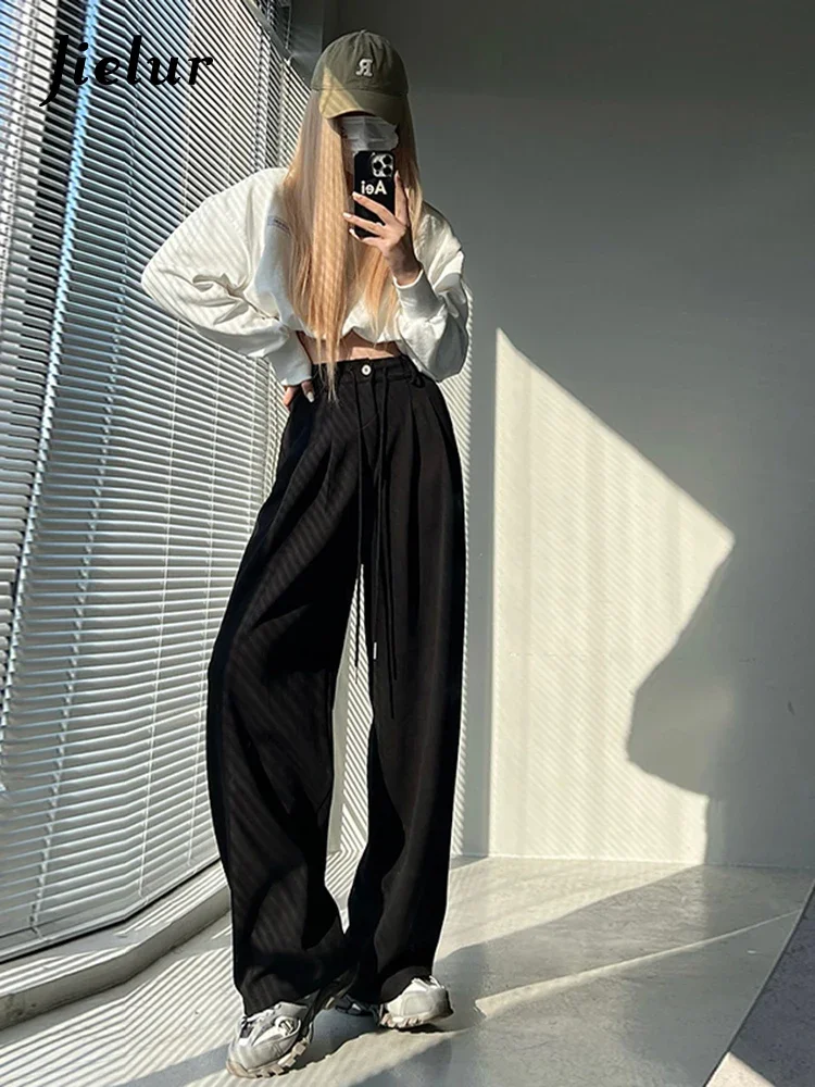 Jielur New High Waist American Solid Color new Women's Pants Drawstring Loose 2025 Straight Pants Woman Grey Casual Pants Summer Female