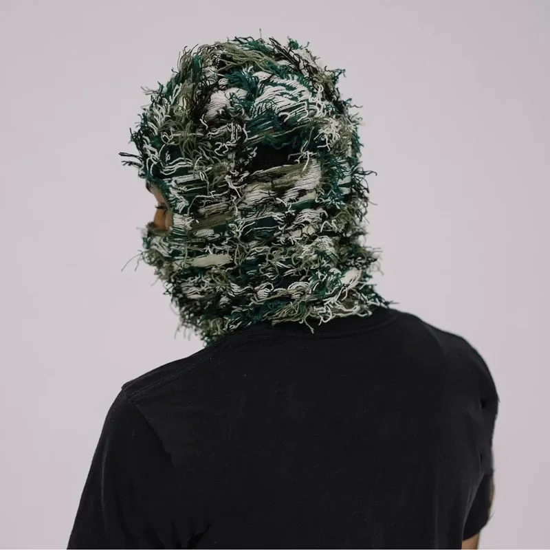 Hip Hop Balaclava Distressed Knitted Caps Full Face Ski Mask Women Outdoor Camouflage Fleece Fuzzy Ski Balaclava Beanies Men Hat