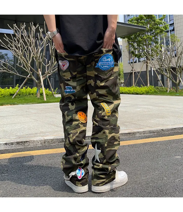 High Street Camouflage Patch Embroidered Jeans 2025 Men's Tide Brand American Street Hip-Hop Loose Straight Casual new Overalls Trendy