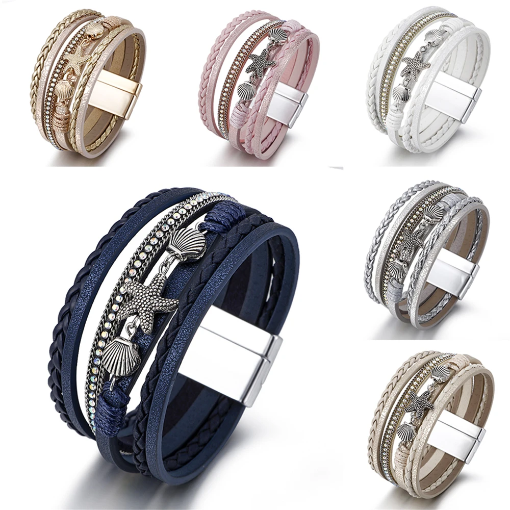2023 New Multilayer Leather Bracelet for Women Summer Shell Starfish Accessories Bohemian Style Leather new 2025 Magnet Buckle Bracelet