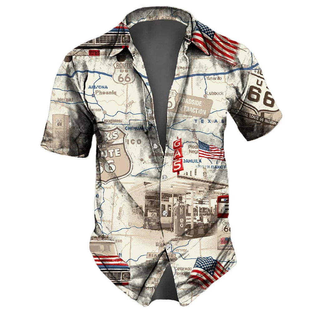 2023 Men'S Shirts Route 66 Vintage Hawaiian Shirts New High Street Shirts Summer Casual Shirts Hip Hop Party Men Clothing Tops