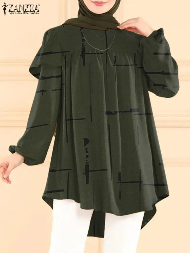 ZANZEA Muslim Printed Shirt Women Vintage Floral 2025 Tops Bohemian new Ruffles Loose Blouse Long Puff Sleeve Ramadan Hijab Blusas Abaya