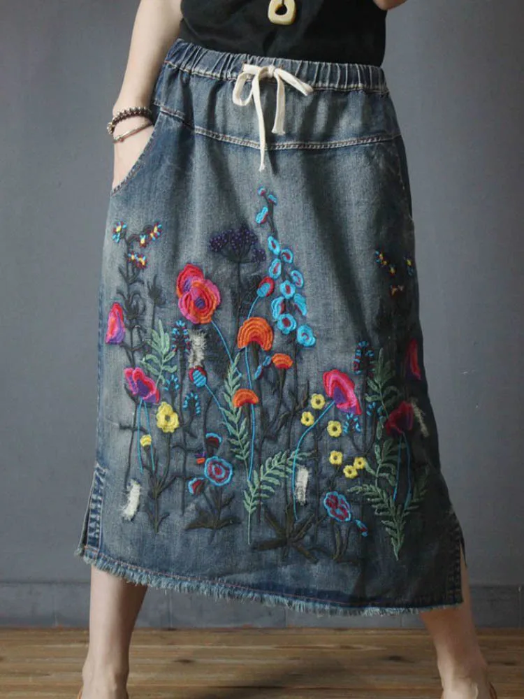 Max LuLu Korean Design Female Clothes Autumn Womens Luxury Vintage Loose Embroidery Denim Skirts Ladies Casual Floral Streetwear