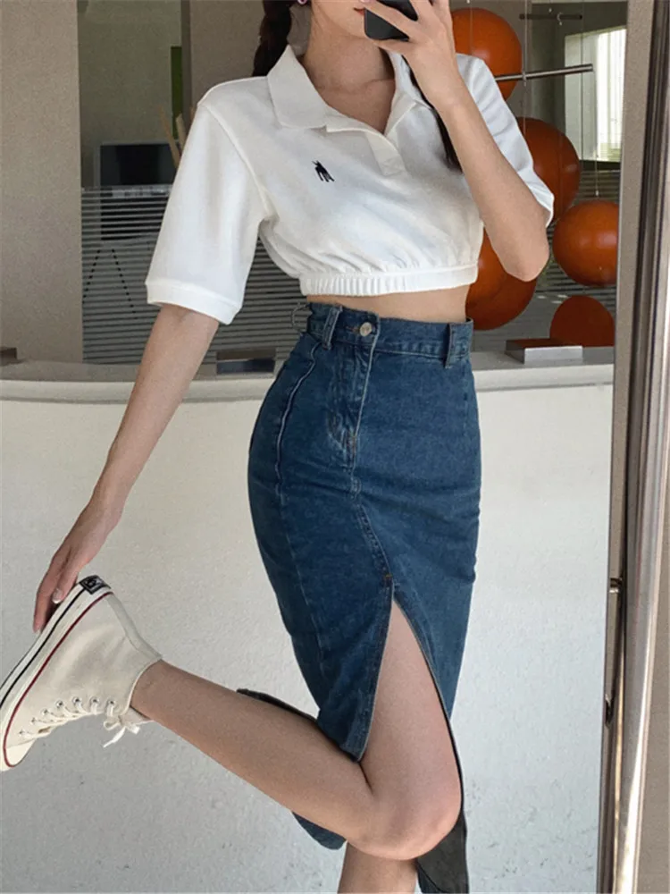 Seoulish 2023 New Women's Midi Denim 2025 Skirts Spring Summer new Side Split High Wasit Jeans Skirt Straight Female A-line Pencil Skirt