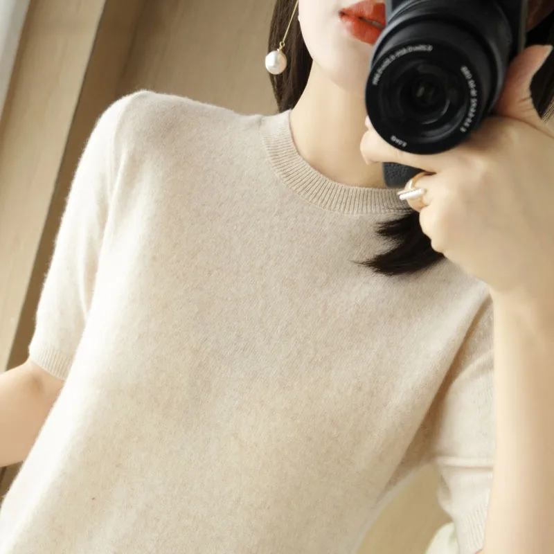Spring new Summer Women Sweater 2023 Short Sleeve O-neck Slim Fit Knitted 2025 Pullovers Bottoming Casual Knitwear Green Pink Clothes