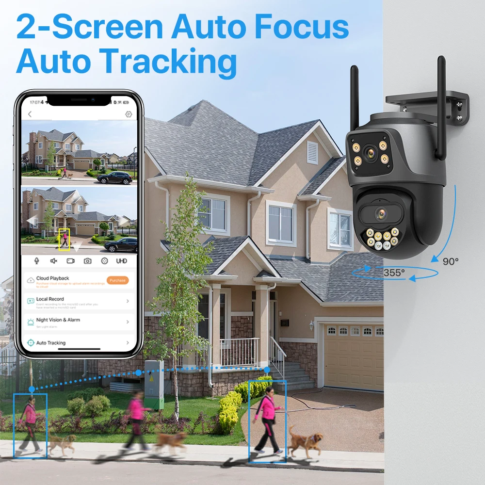 4K 8MP PTZ WIFI Camera Dual Lens Dual Screen IP Camera AI Human Detect 4MP HD Auto Tracking Security Camera iCSee Surveillance