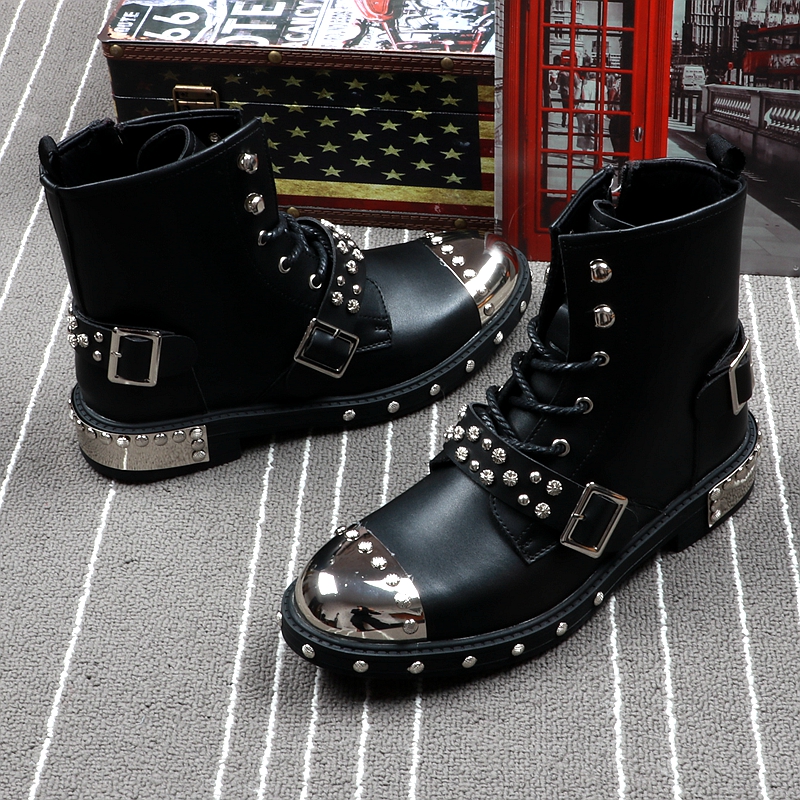 Mens Boots Luxury Brand Rivets Punk Style Spring Autumn Ankle Boots Male Metal High Top Motorbike Sneakers Shoes for Men