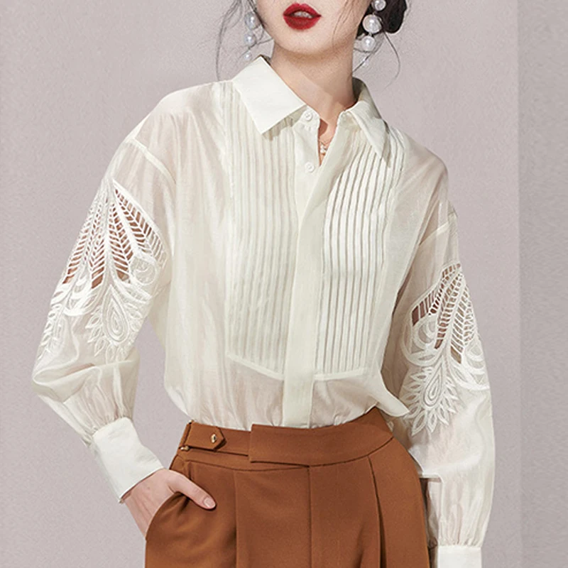 2023 Spring Commuting Long-sleeved new shirt Turndown collar Vintage 2025 Women embroidery Lace Tops Hollow out White Blouse