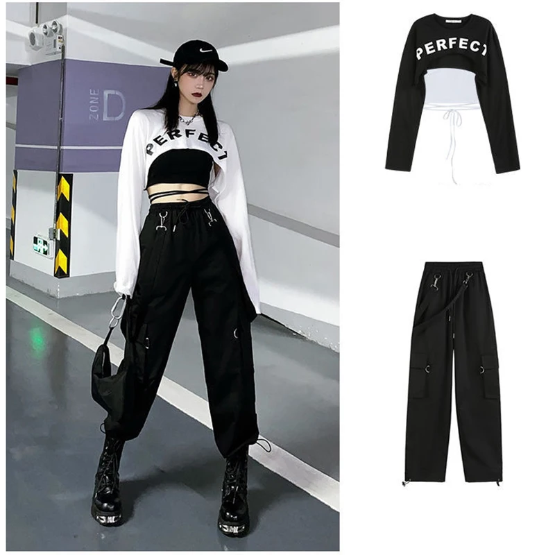 Emo Crop Top Black Cargo Pants Egirl Suit Alt Clothes 2025 Sexy Gothic Overalls T-shirt Techwear Joggers Punk Y2k Sweatpants new Hip Hop