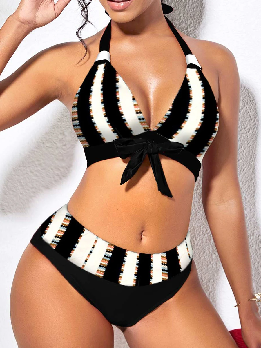 Halter Bikinis 2024 new Women Striped Swimwear 2025 High Waist Push Up Swimsuit Female Beachwear Summer Tie Front Bathing Suit Swimming
